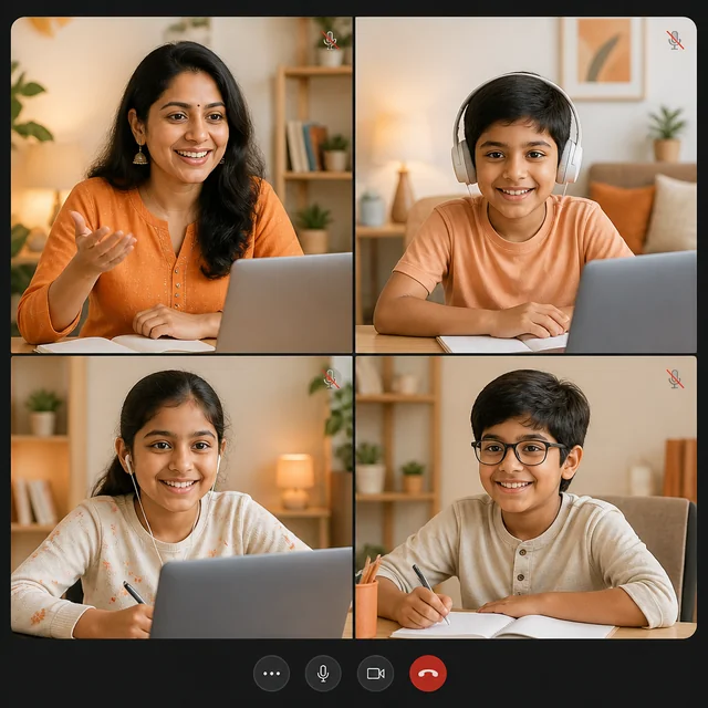 Online peer learning pod with an Indian mentor and learners on a video call
